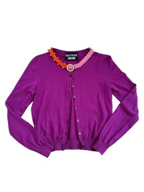 Boutique Moschino Embellished Brooch Wool Cropped Cardigan Size 8 M Purple